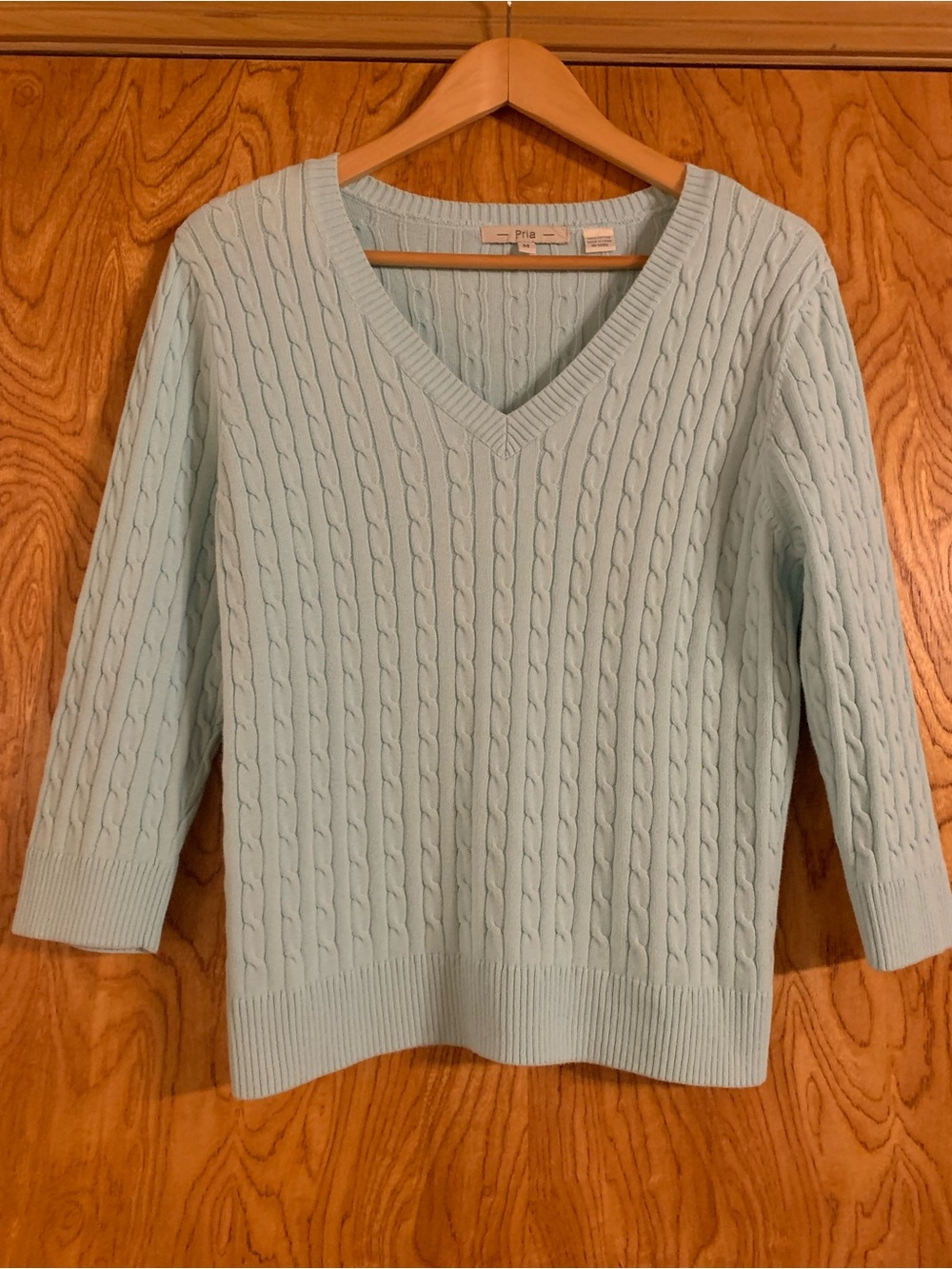 Light Blue Cable Knit V-Neck Sweater by Pria